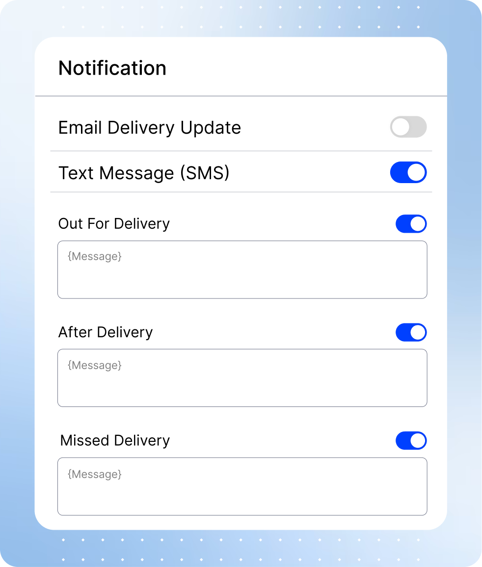 Customer Notifications settings panel with toggle switches for SMS, email, and delivery notification preferences