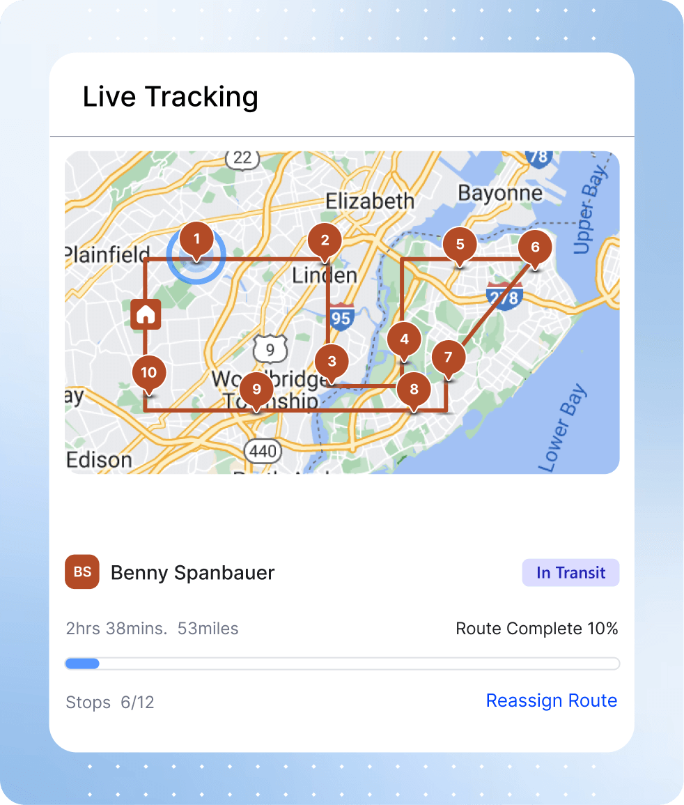 GPS Tracking map view showing real-time location of delivery vehicles with markers and route progress