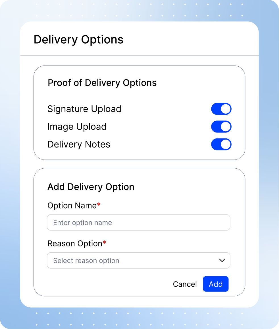 Proof of Delivery interface with signature capture, photo upload options, and delivery confirmation details