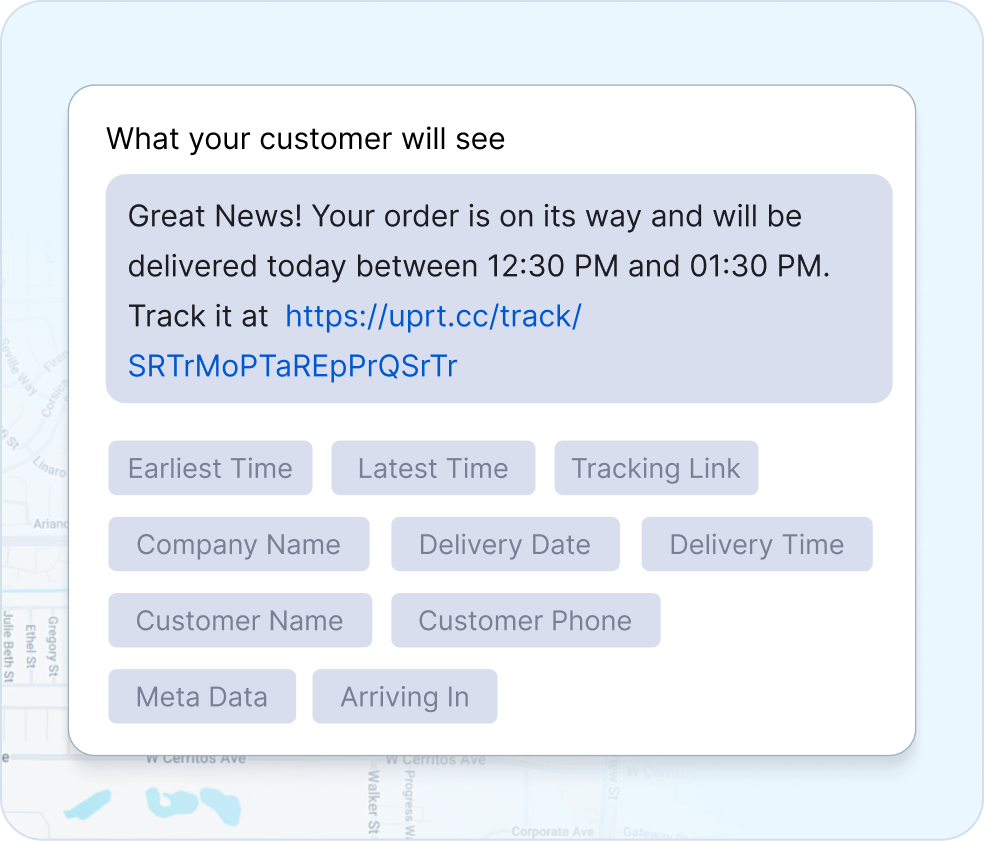 Branded delivery notification preview showing customized message text and company name for customer updates