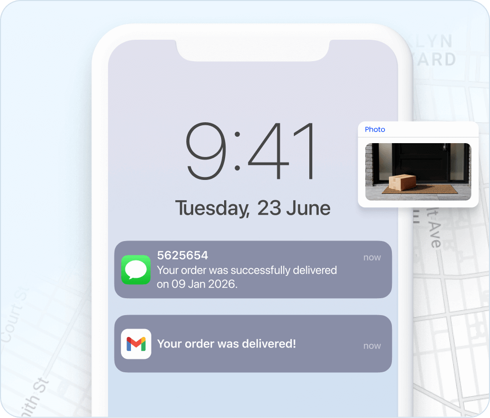 Delivery notifications connected to route events and proof of delivery, showing live tracking followed by photo confirmation after completion