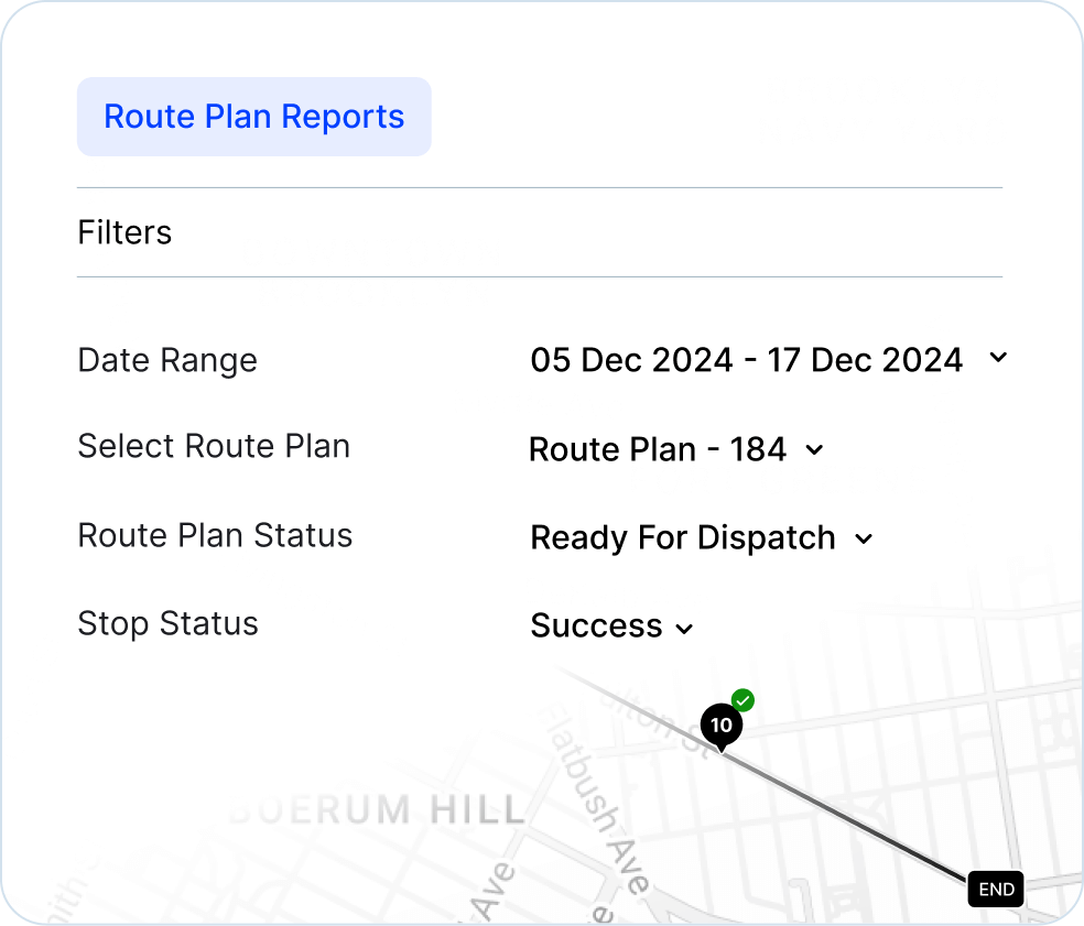 Route management analytics tool and software with custom filters and date ranges to analyze routes, drivers, delivery status, and performance data