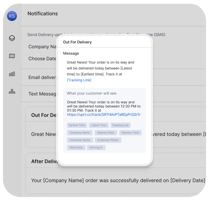 Automated delivery updates showing SMS and email notifications with real-time ETAs, branded messages, and live tracking links triggered at each delivery stage