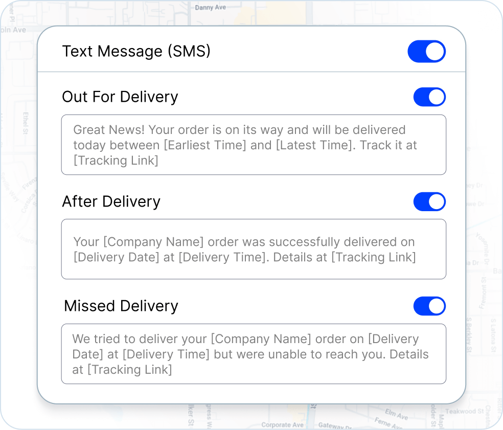 Notification settings interface showing customizable delivery update triggers such as route start, driver en route, arrival window, delivery complete, and delivery failed