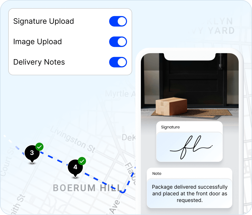 Delivery route scheduling software capturing proof of delivery with timestamps, photos, signatures, and performance reports
