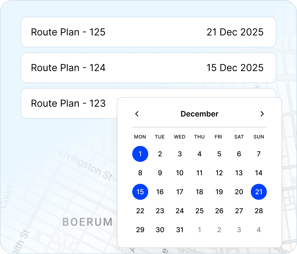 Delivery route scheduling software showing automated recurring schedules for weekly, monthly, and repeat customer delivery routes