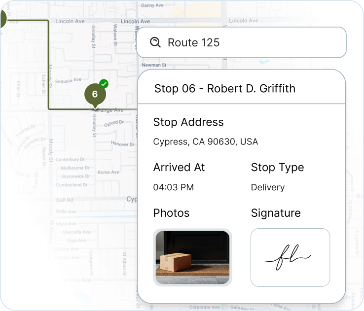 Electronic Proof of Delivery software dashboard showing searchable delivery history with stored photos, signatures, timestamps, and filters by customer, driver, and date