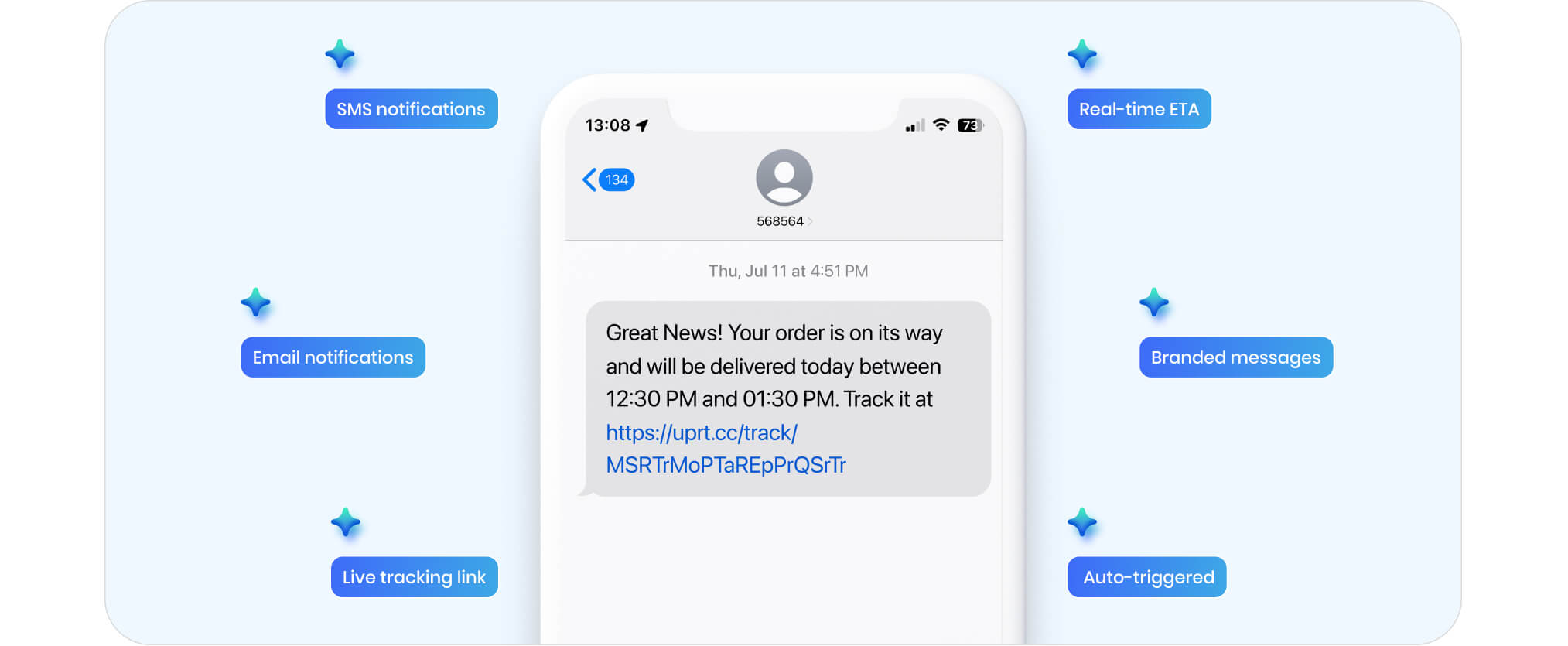 Automated delivery updates showing SMS and email notifications with real-time ETAs, branded messages, and live tracking links triggered at each delivery stage