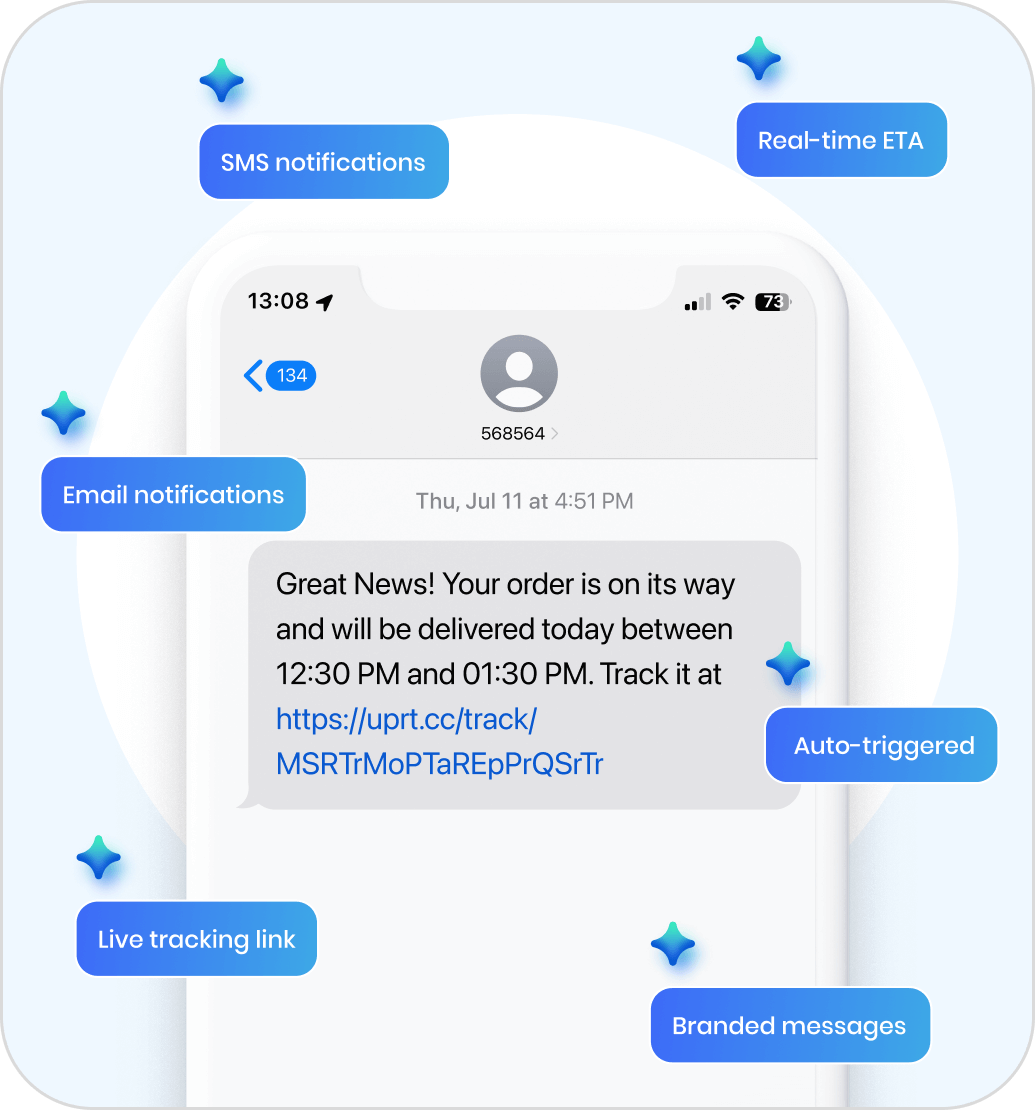 Automated delivery notifications interface showing branded SMS and email updates, order status messages, tracking links, and customer communication settings