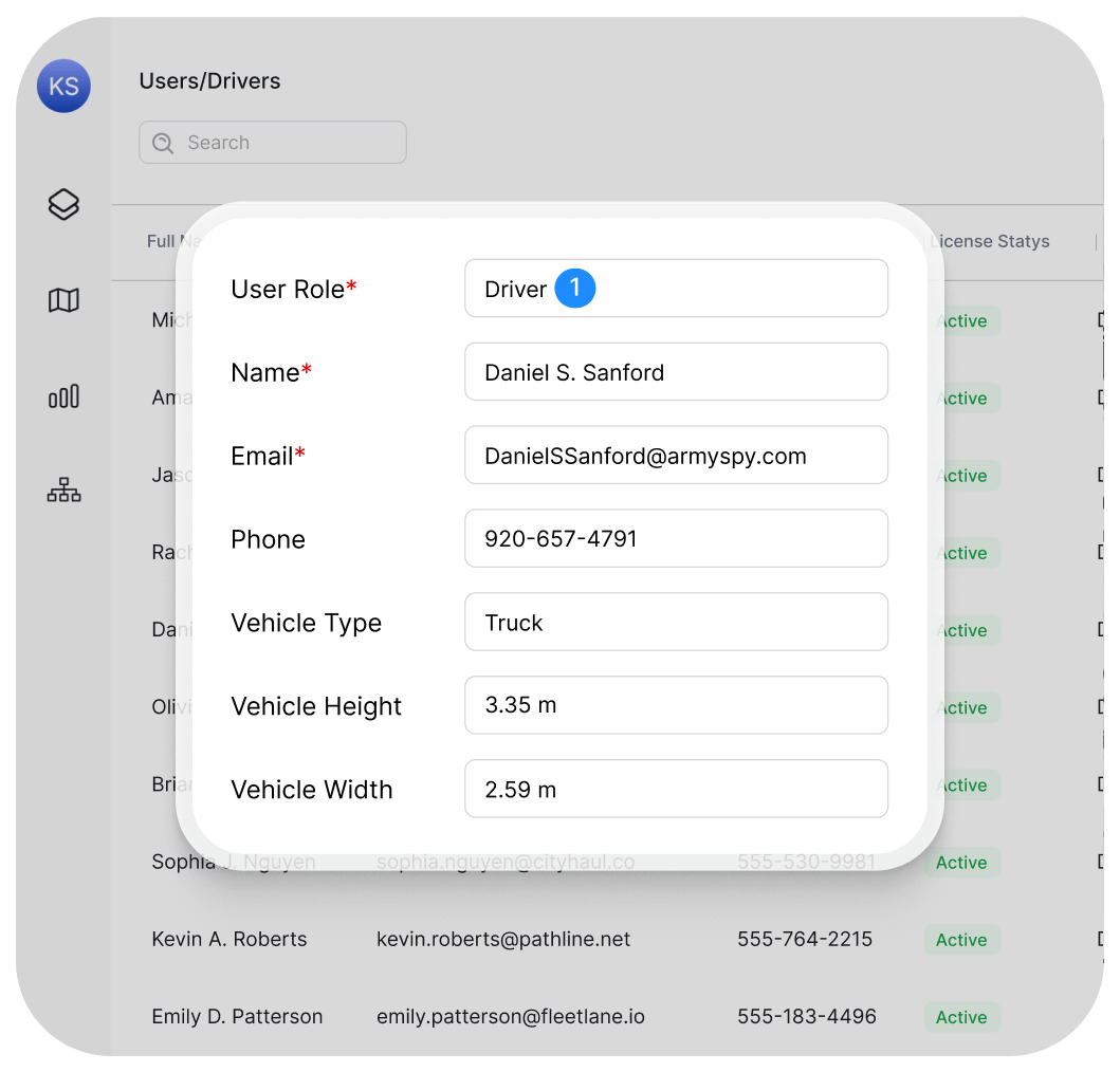Driver management and dispatch software interface showing route assignment, real-time driver tracking, and delivery progress monitoring