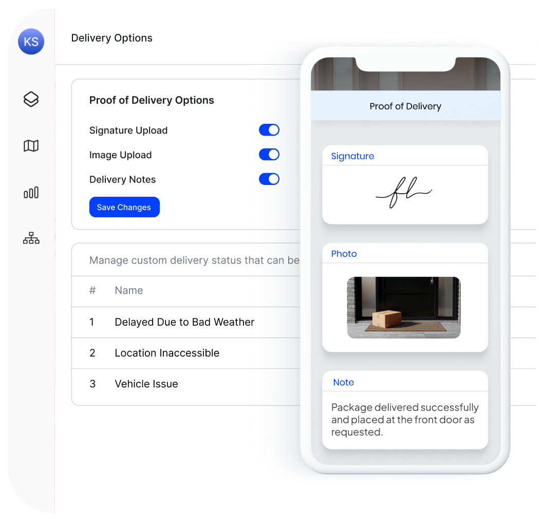 Electronic Proof of Delivery software interface showing signature capture, photo upload, delivery notes, and mobile proof of delivery confirmation