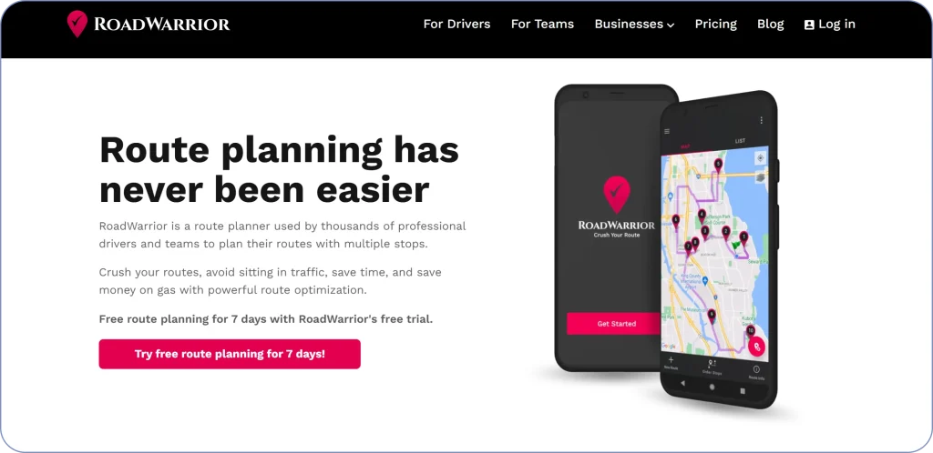 Route4Me alternatives comparison featuring RoadWarrior as a mobile route planner for multi-stop delivery drivers