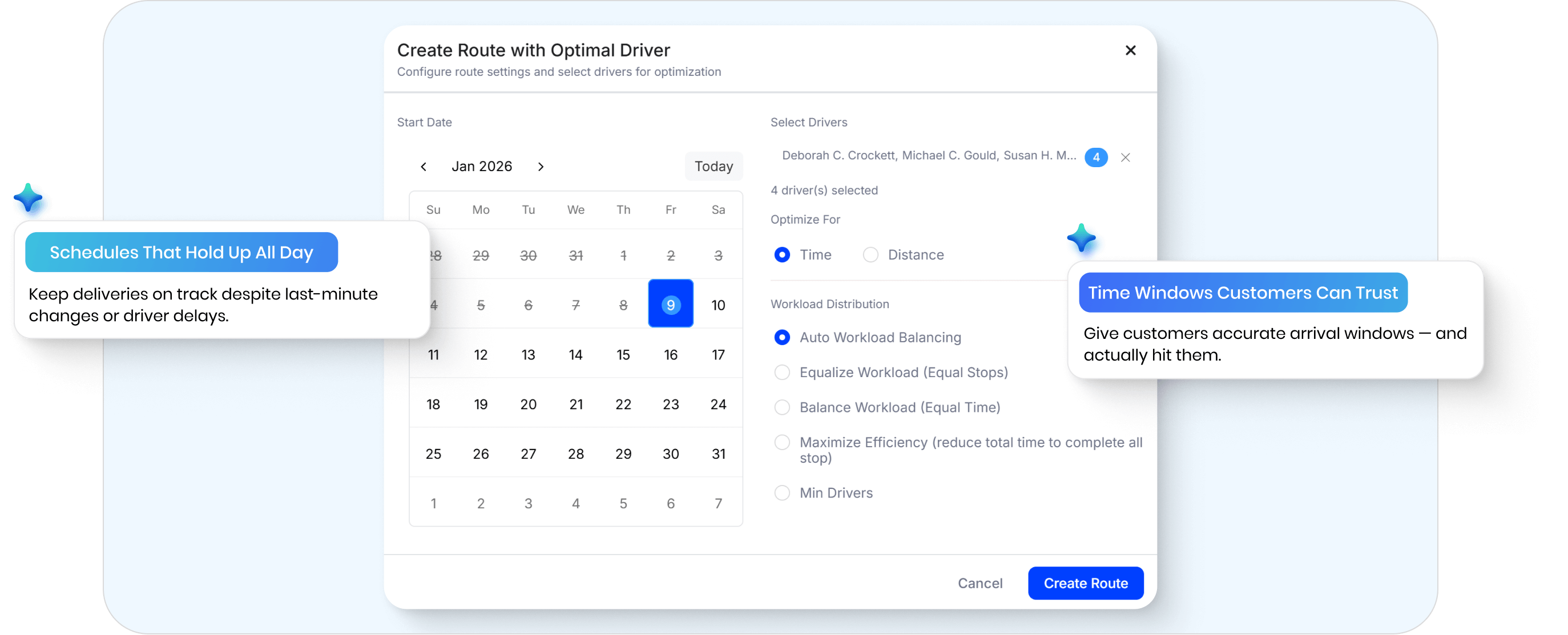 Delivery route scheduling software interface showing schedule creation, driver selection, workload balancing, and real-time route recalculation to handle last-minute changes