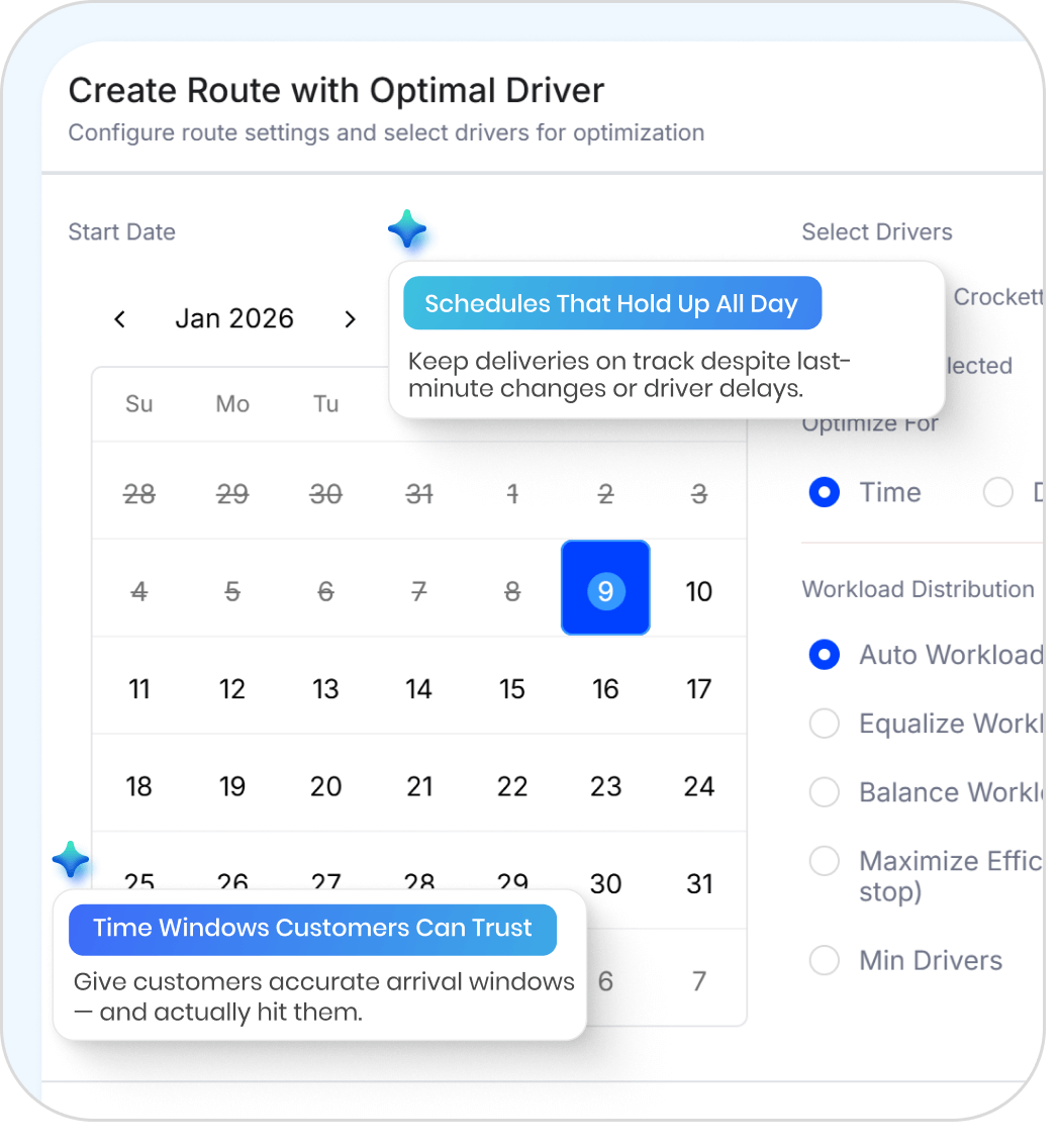 Delivery route scheduling software interface showing schedule creation, driver selection, workload balancing, and real-time route recalculation to handle last-minute changes