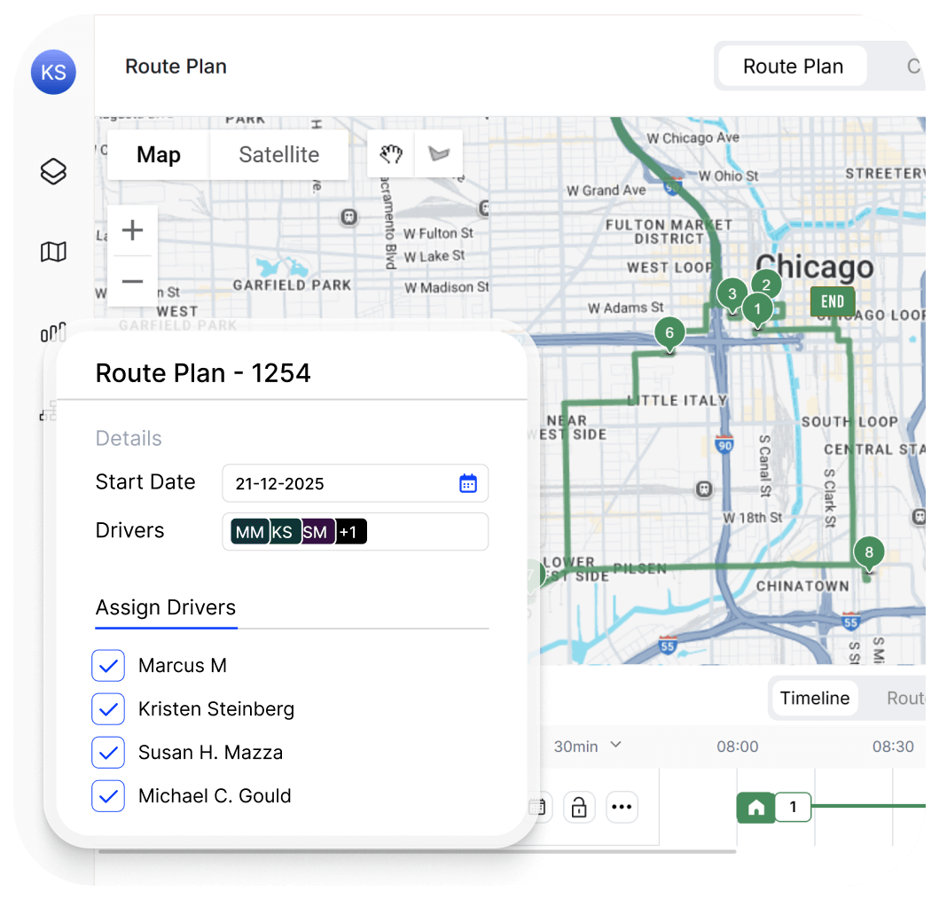 Delivery route scheduling software interface showing map-based route planning, driver assignments, timeline scheduling, real-time updates, and instant schedule creation
