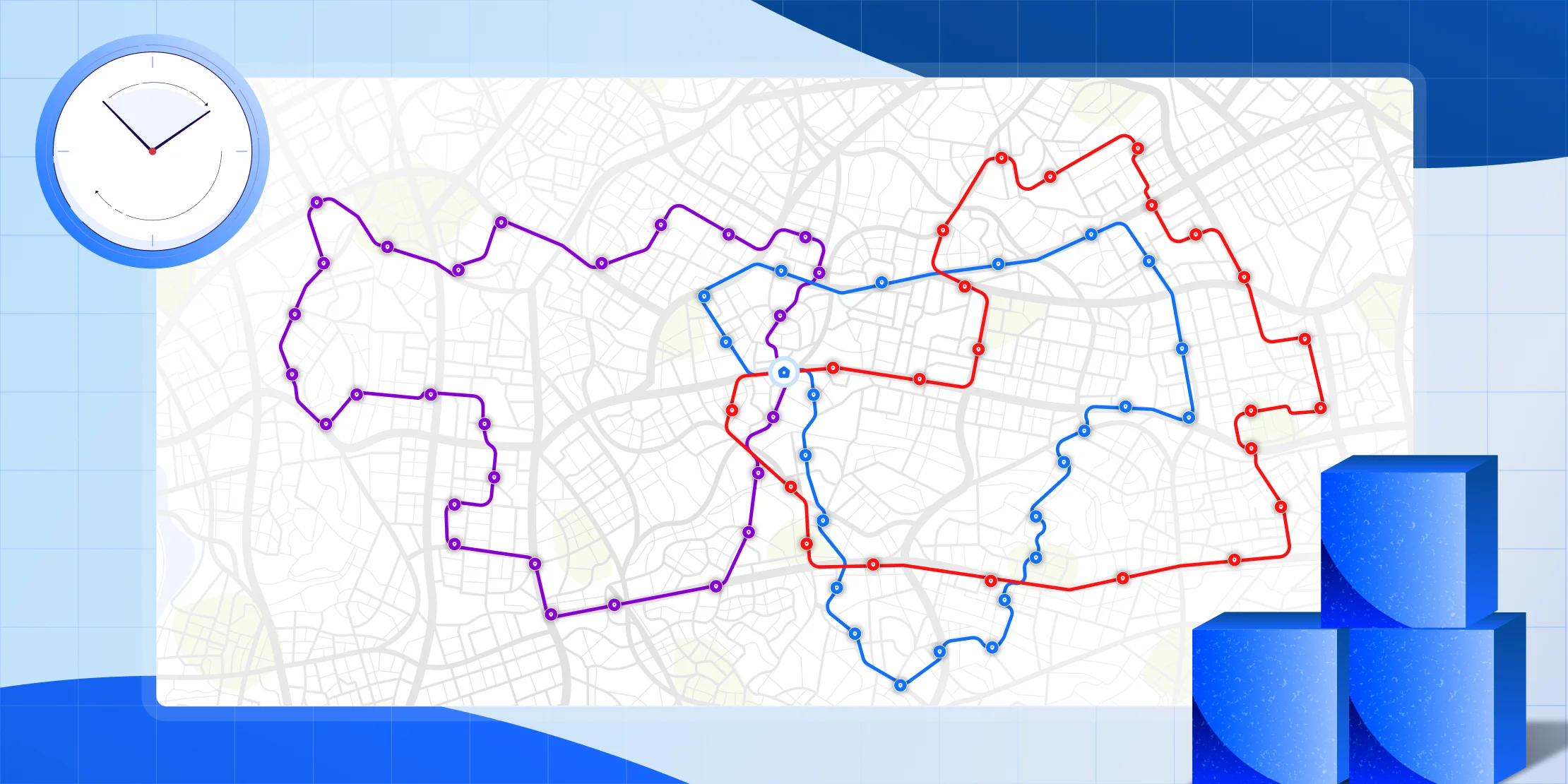 Daily route optimization showing automatically planned delivery routes that reduce travel time, lower costs, and improve on-time performance
