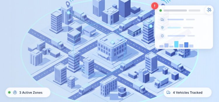 Isometric city map showing fleet vehicles inside glowing virtual geofence boundaries connected to a real-time fleet monitoring dashboard.