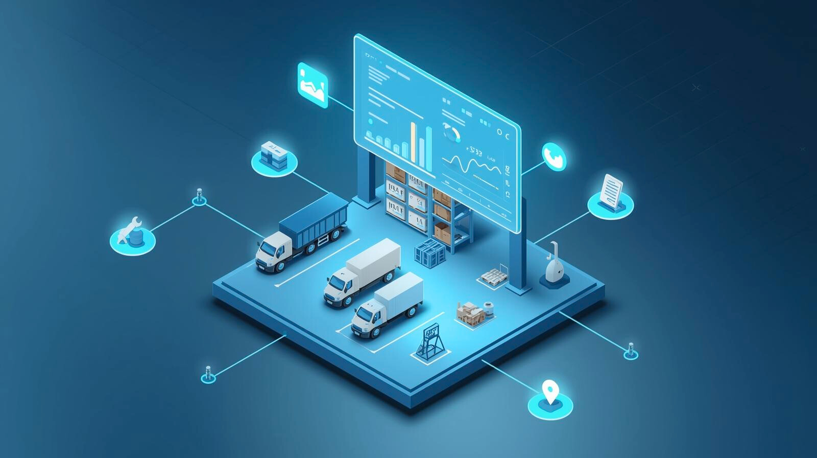 Isometric illustration of fleet inventory management showing vehicles, warehouse storage, asset tracking dashboard, barcode tagging, and connected inventory monitoring system.