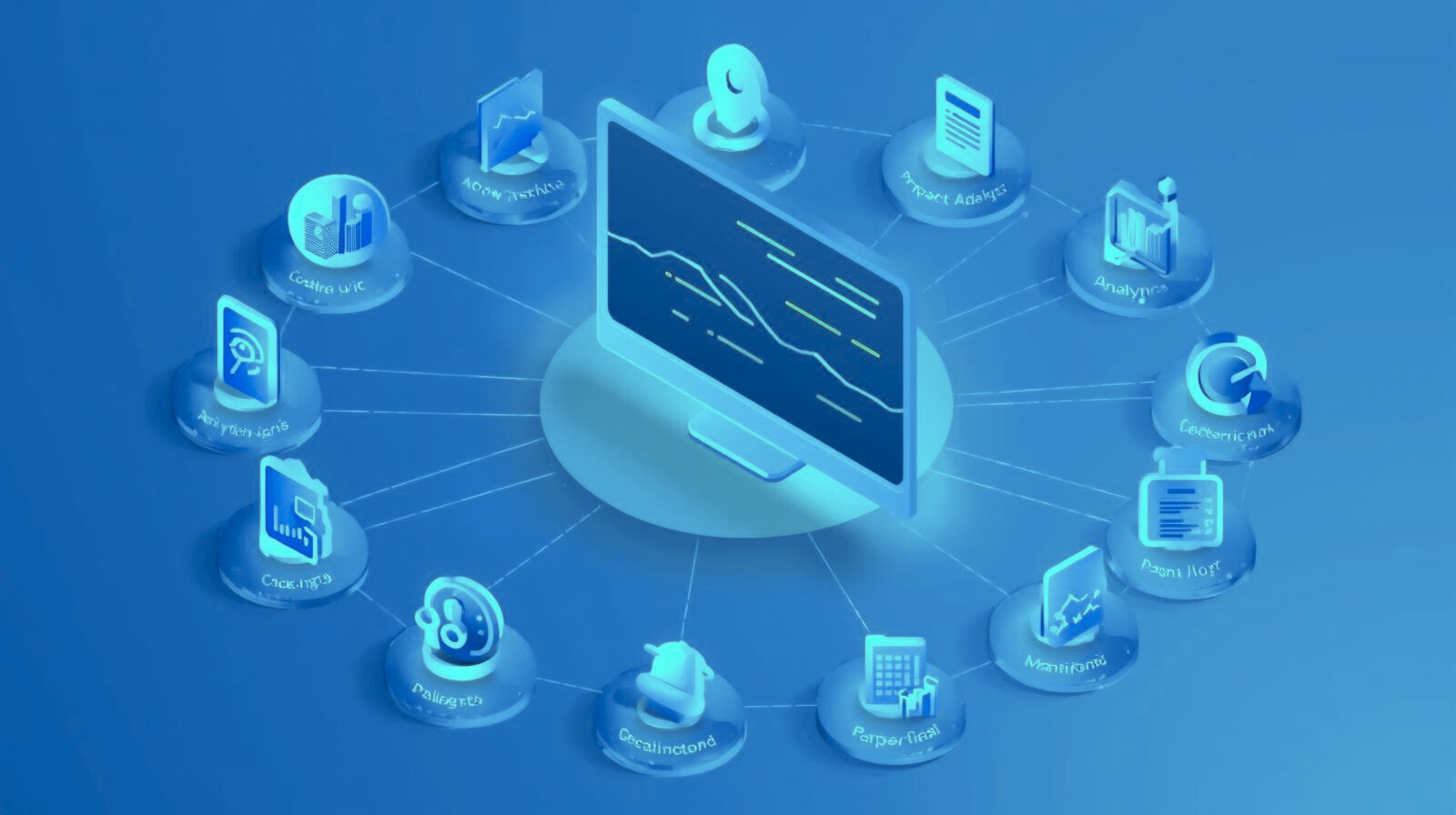 Isometric illustration of a fleet management software dashboard surrounded by connected feature icons including route optimization, GPS tracking, dispatch, analytics, and proof of delivery.