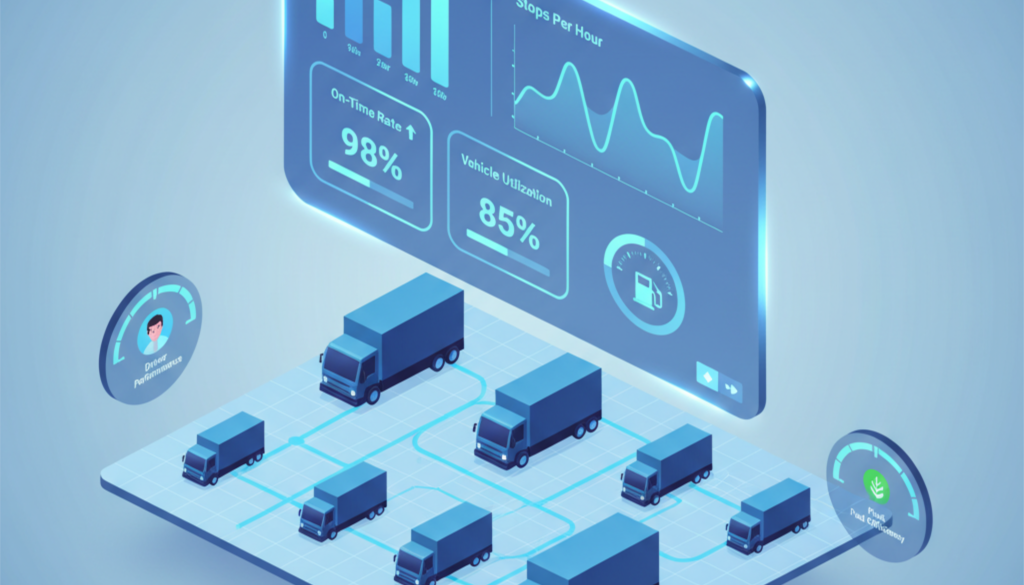 Key fleet optimization KPIs such as cost per mile, idle time reduction, route efficiency, and delivery performance.