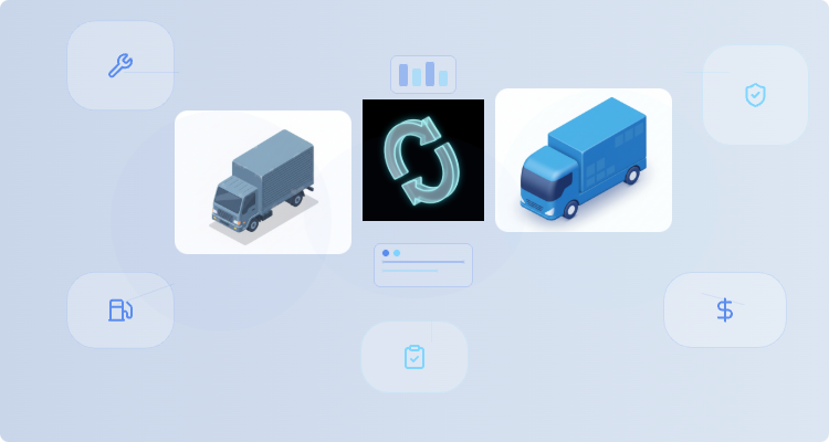 Isometric illustration showing an older fleet truck being replaced by a newer vehicle with maintenance, fuel, safety, and cost analysis icons connected in a lifecycle flow.