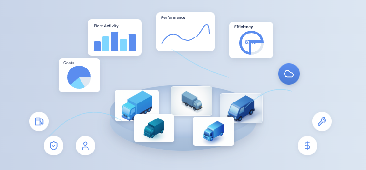Isometric illustration of fleet reporting dashboard with delivery trucks connected to performance charts, fuel data, maintenance icons, and real-time analytics platform.