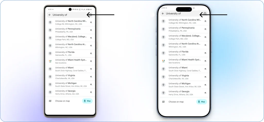 Typing a destination into the Google Maps search bar and selecting it from the results