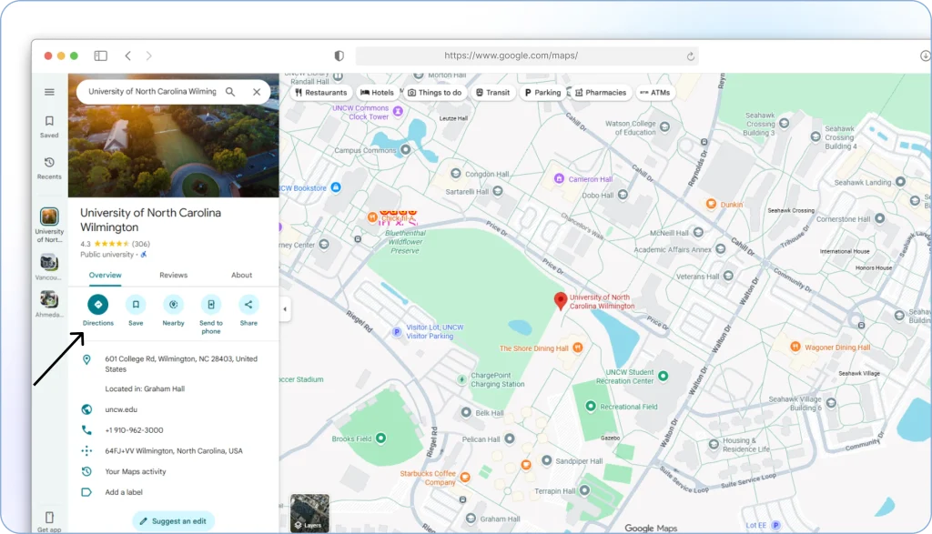 Clicking the Directions button in Google Maps on desktop to start route planning