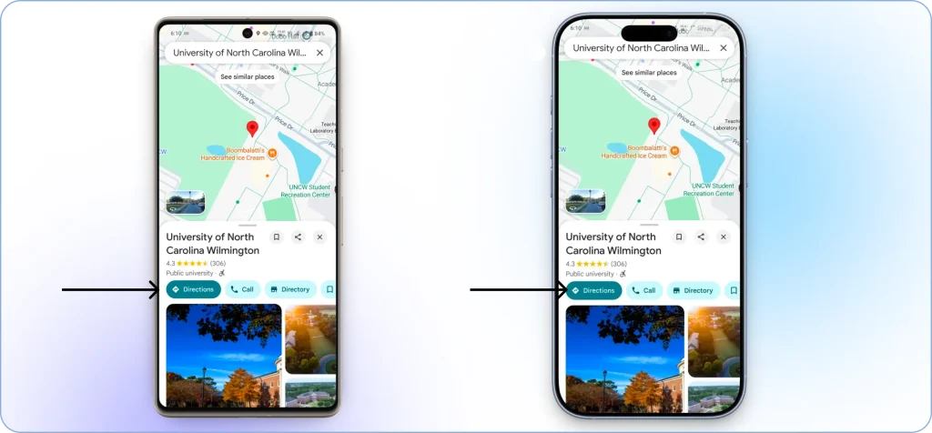 Tapping the Directions button in the Google Maps mobile app to view route options