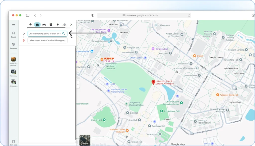 Typing and selecting a starting location in Google Maps to generate driving directions
