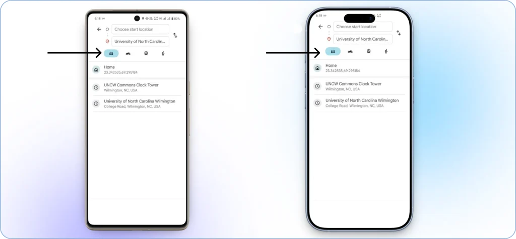 Selecting a transportation mode in Google Maps, such as driving, walking, biking, or public transit
