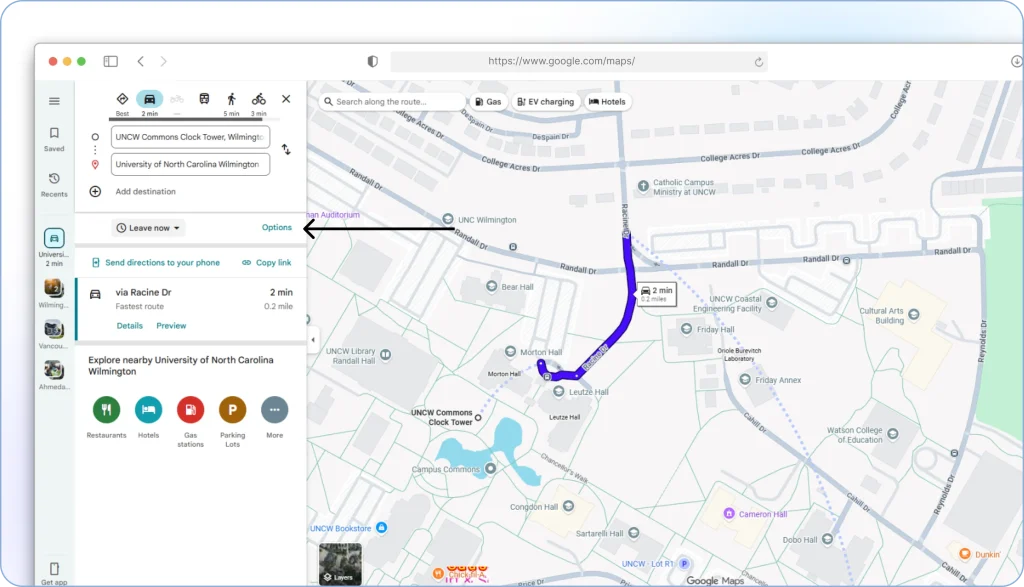 Clicking the Options link in the left sidebar below the suggested route in Google Maps