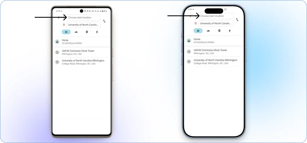 Choosing a starting location in Google Maps by entering an address or using the current location