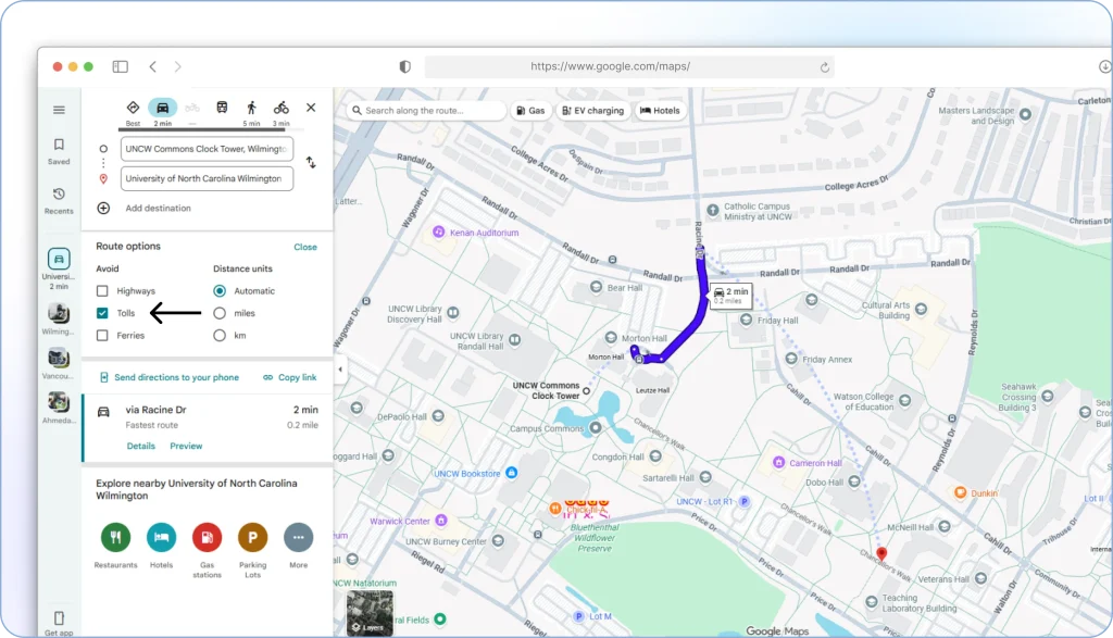 Selecting the Tolls checkbox in Google Maps route options to avoid toll roads