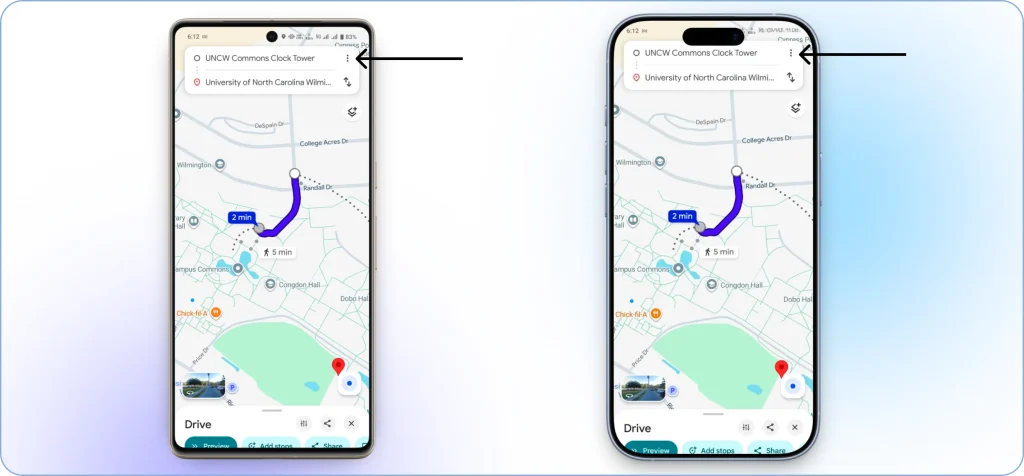 Locating the three-dot menu icon at the top-right of the Google Maps app next to the starting location