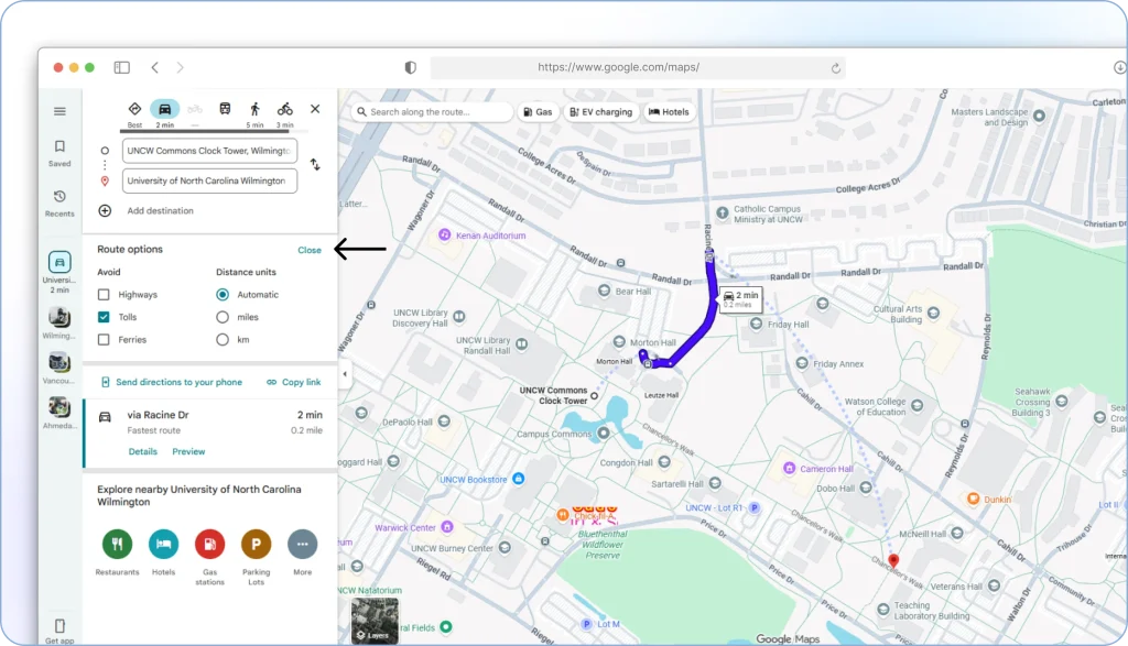 Clicking the Close button in Google Maps to save toll-free route settings