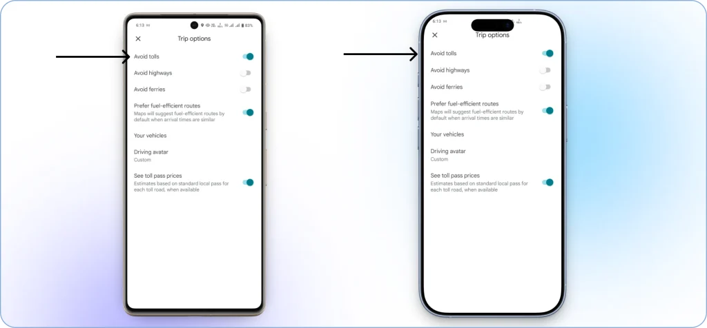 Enabling the Avoid tolls option in Google Maps trip settings to find a toll-free route