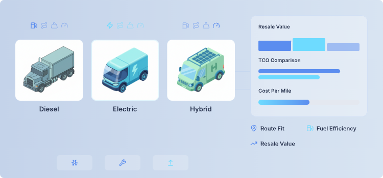 Fleet replacement planning illustration comparing diesel, electric, and hybrid vehicles with route data, fuel efficiency, resale value, and total cost analysis indicators.