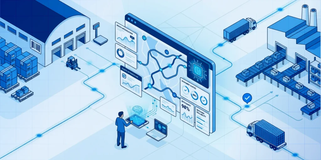 B2B logistics operations showing bulk shipments, fleet coordination, warehouse distribution, and route optimization for business deliveries