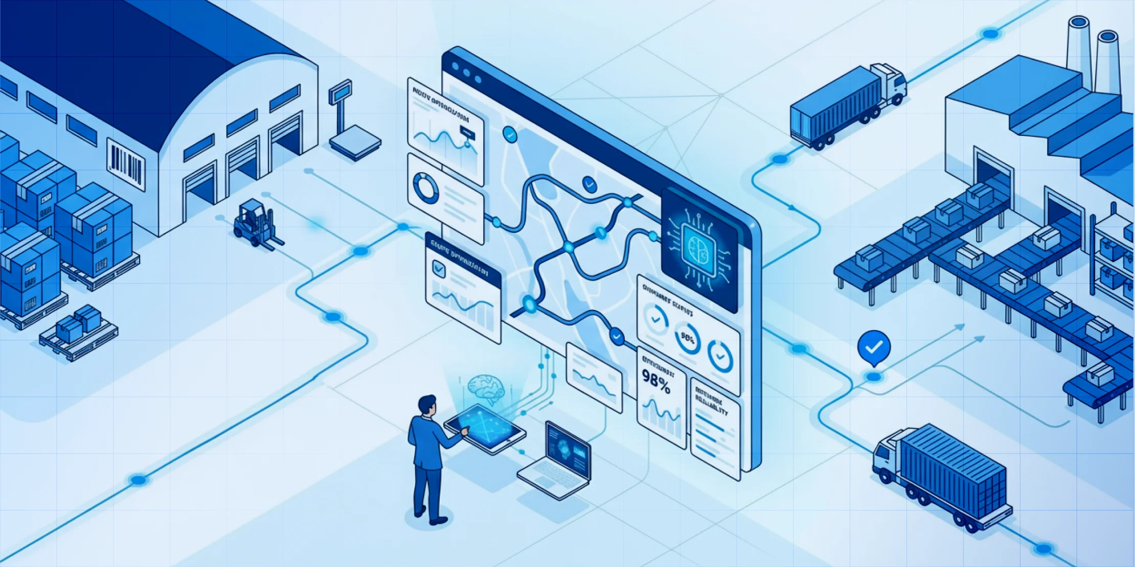 B2B logistics operations showing bulk shipments, fleet coordination, warehouse distribution, and route optimization for business deliveries
