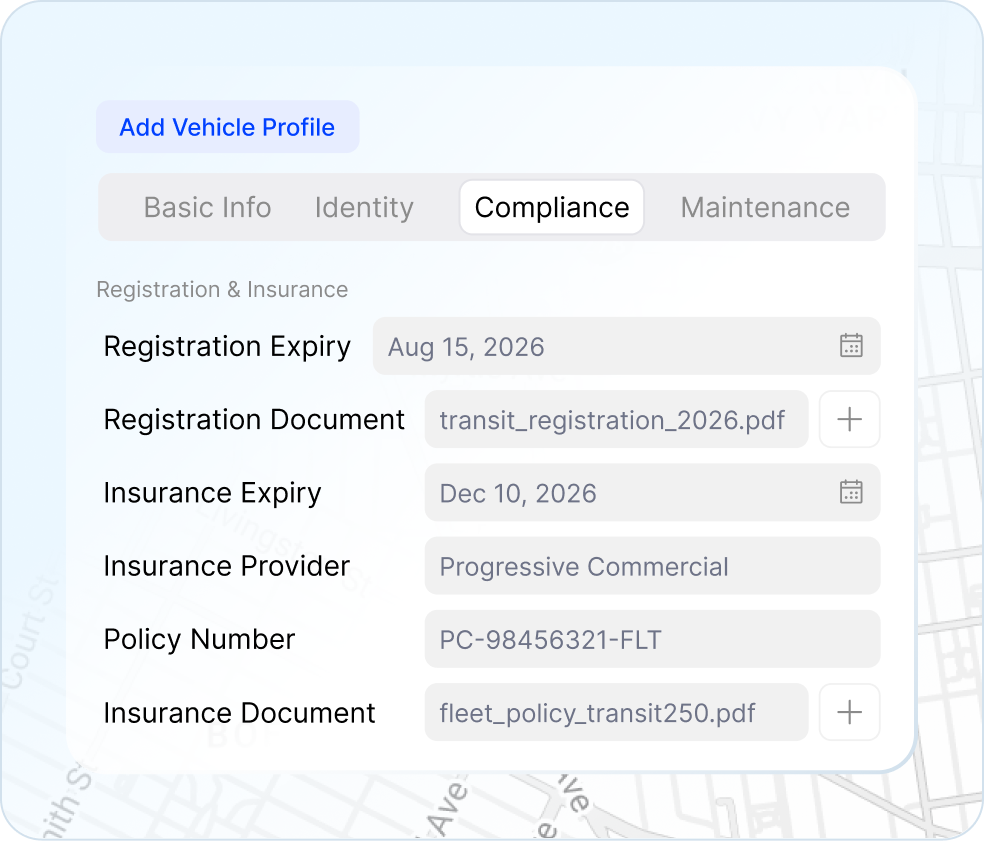 Fleet compliance software alerting users about expiring documents like insurance, registration, and inspections.