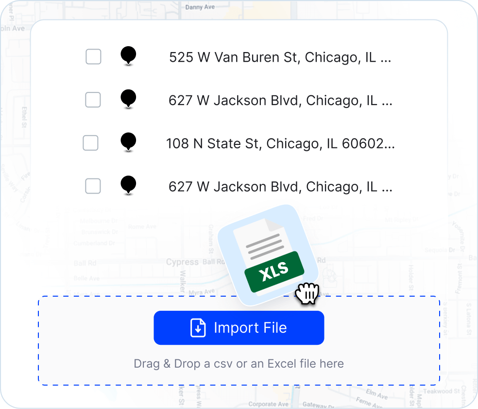 Upper route planner processing bulk spreadsheet uploads with 500+ stops to generate optimized dispatch routes instantly.