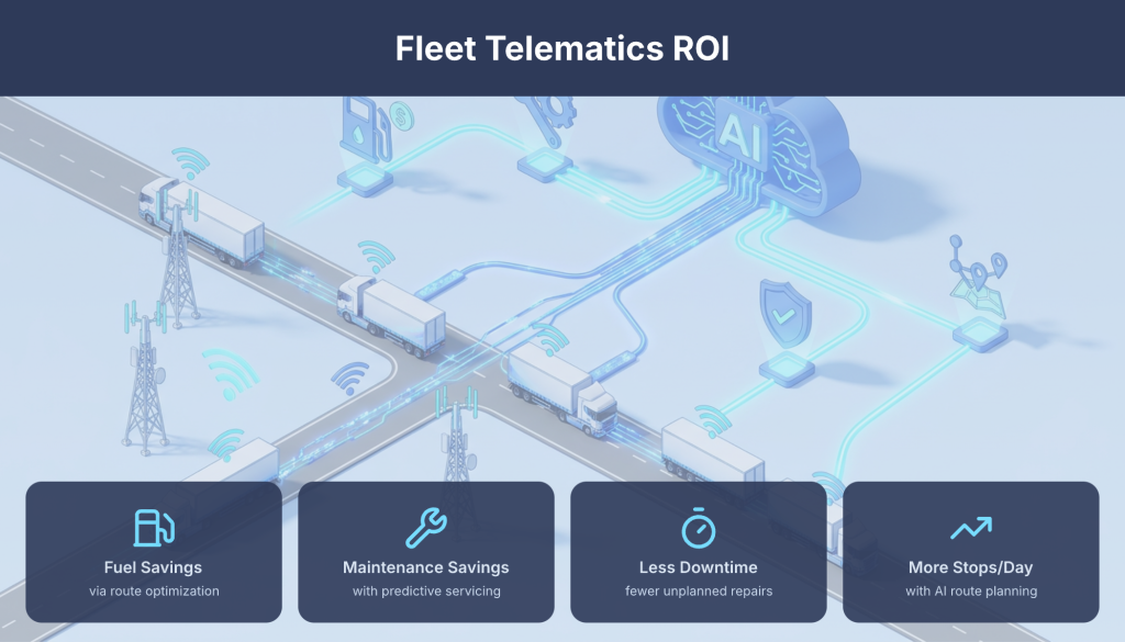 Fleet telematics return on investment measured through fuel efficiency, safety improvements, and lower operational costs.