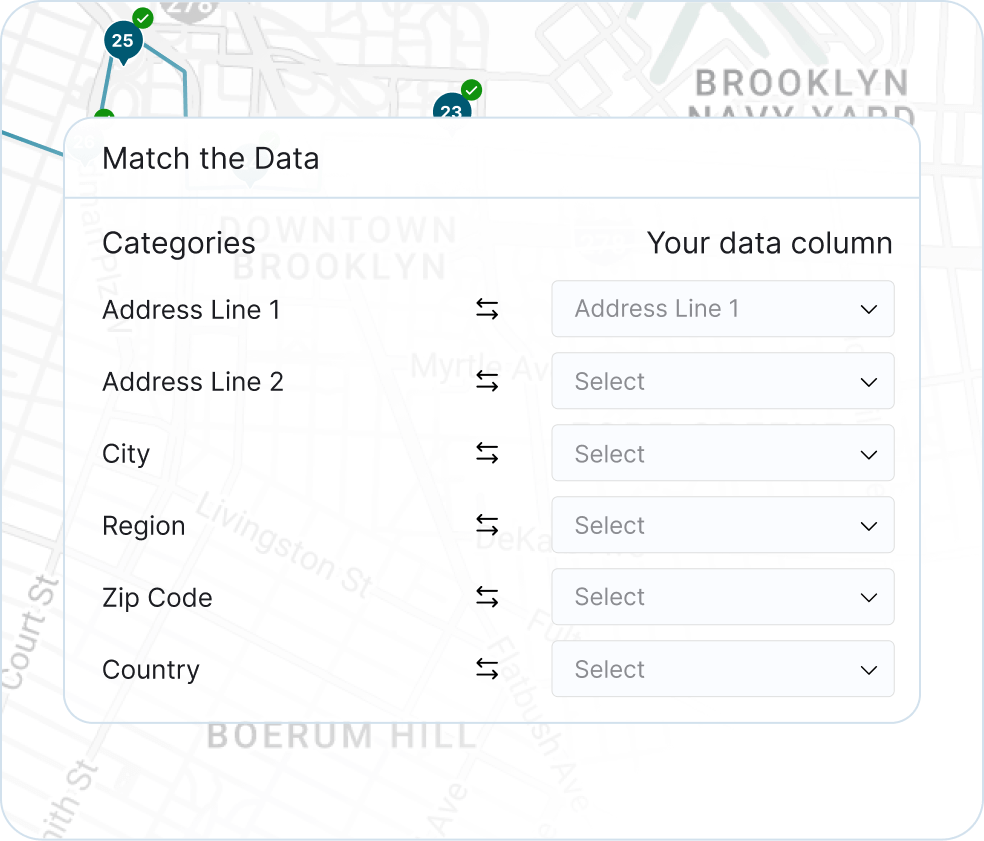 Upper route planner automatically detecting spreadsheet headers, saving field mapping preferences, and enabling instant future imports.