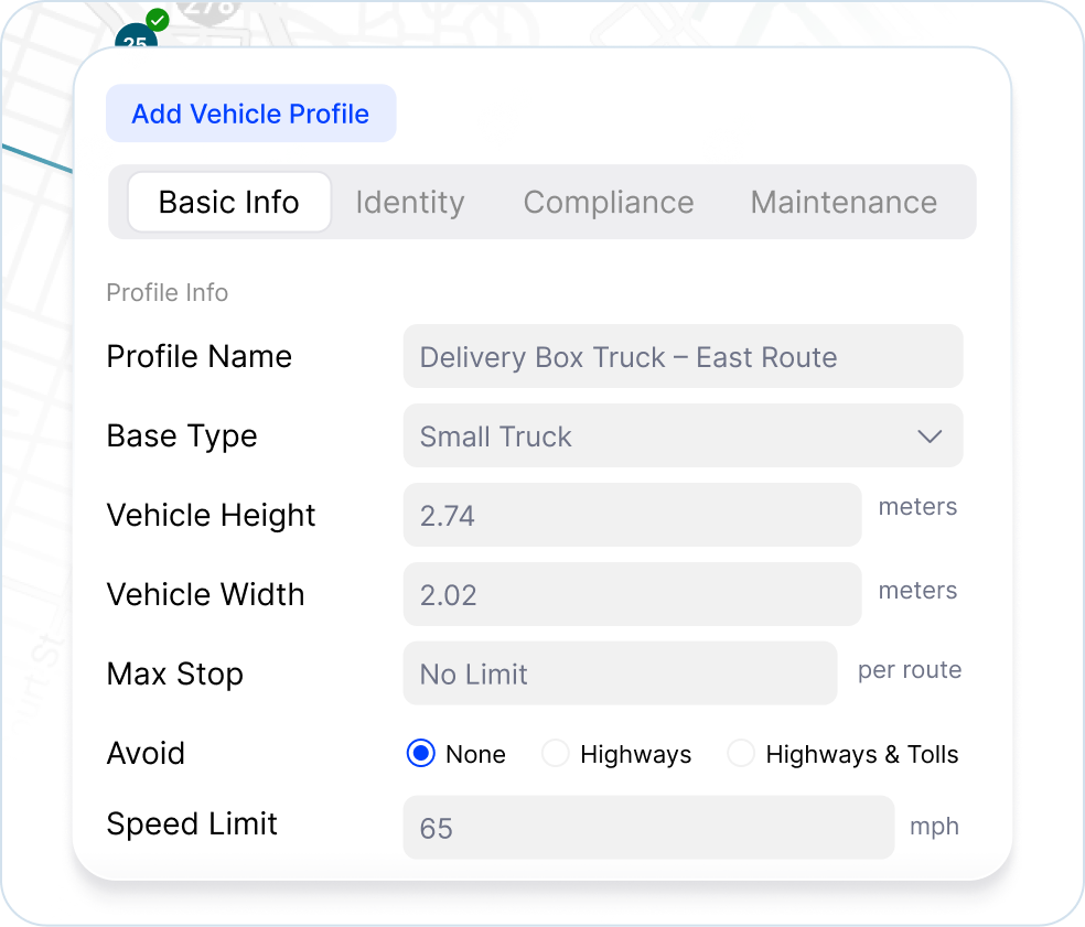 Fleet vehicle profiles managing specifications such as capacity and restrictions to improve route planning and dispatch.