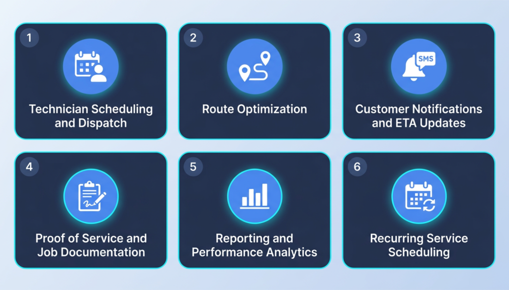 Field service automation streamlining scheduling, dispatching, customer updates, invoicing, and technician workflows.