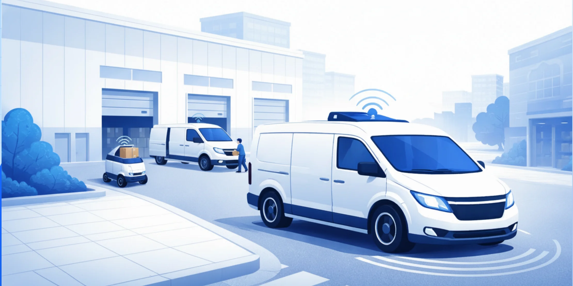 Autonomous delivery system using self-driving robots and drones to transport packages without human drivers.