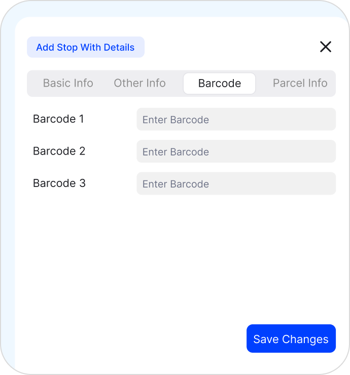 Barcode scanner system with custom barcode fields and package verification inside route planning software.