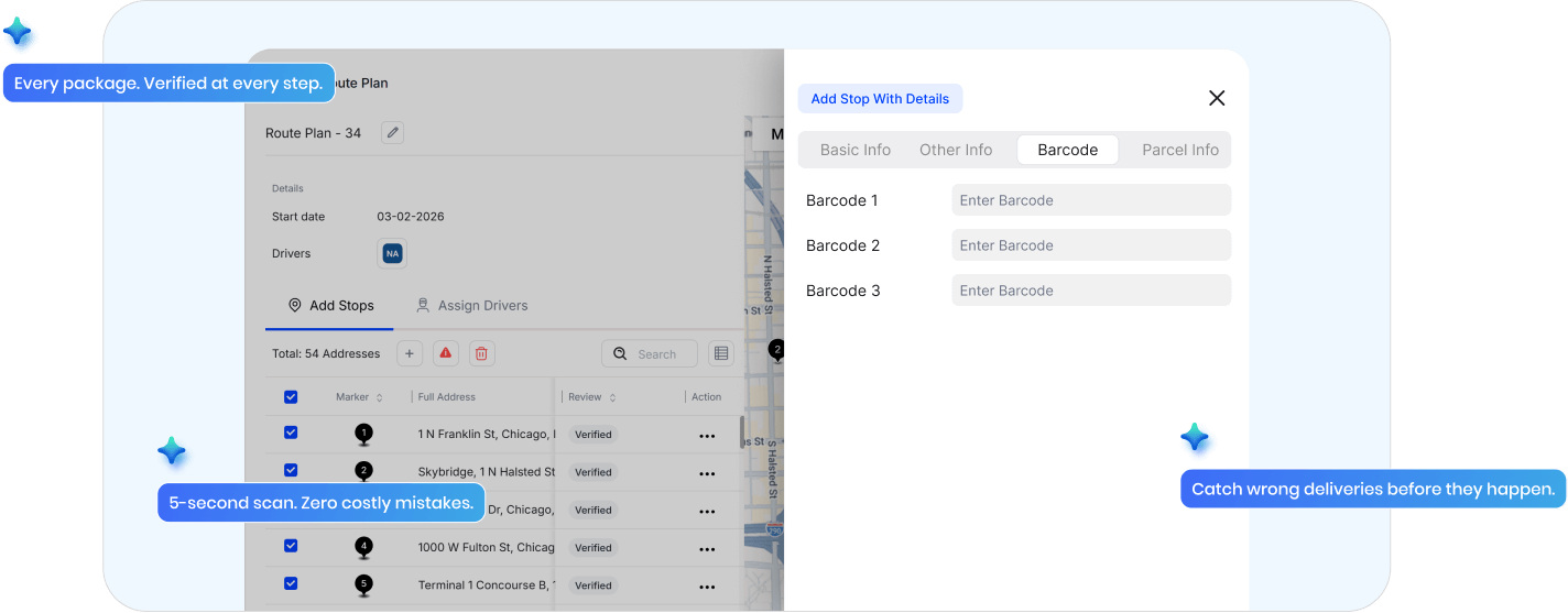 Barcode scanner system with custom barcode fields and package verification inside route planning software.