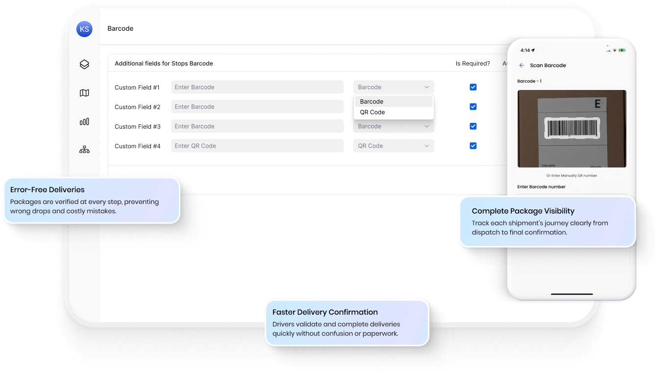 Barcode scanner software enabling drivers to scan packages, verify deliveries, and prevent wrong drop-offs in real time.